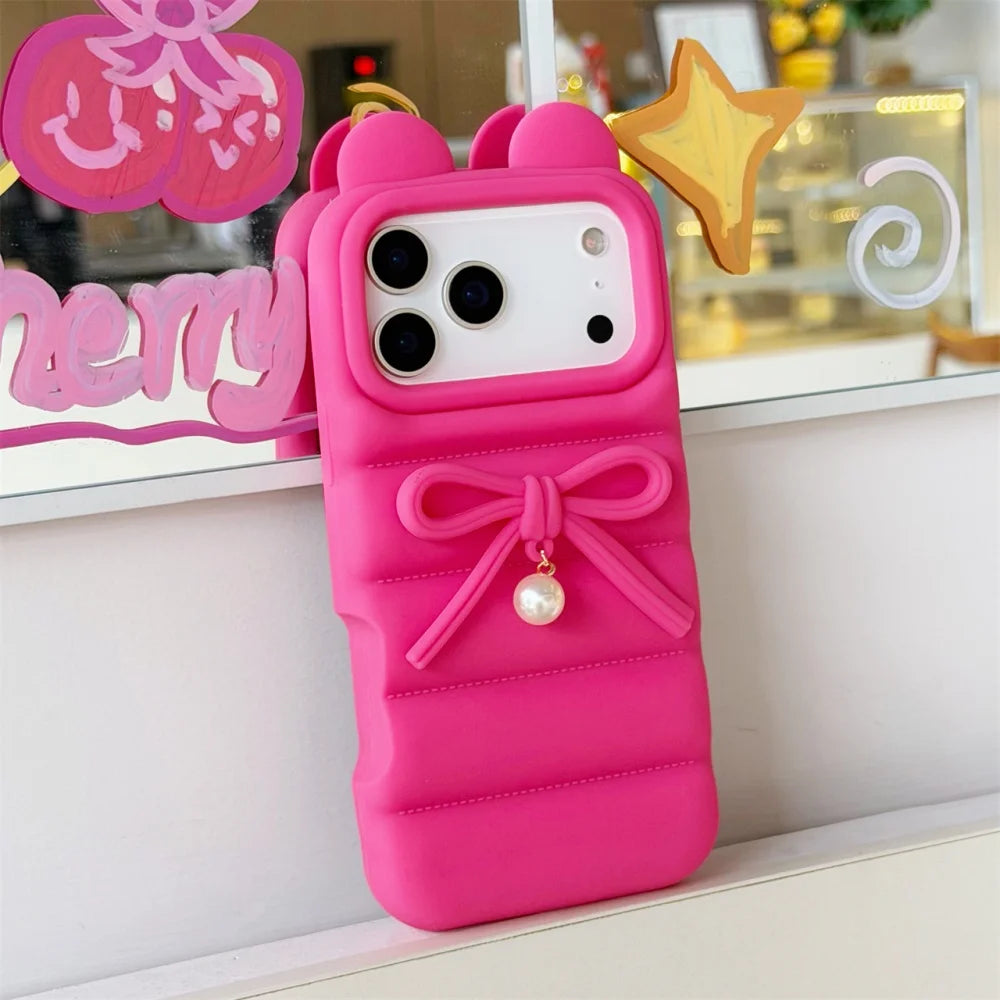 Cat Ear Down Jacket With Bowknot Pearl Pendant Phone Case