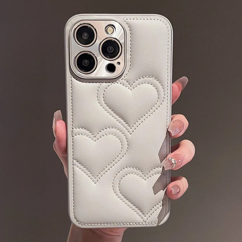 Luxury Heart Embroidered Leather Phone Case
