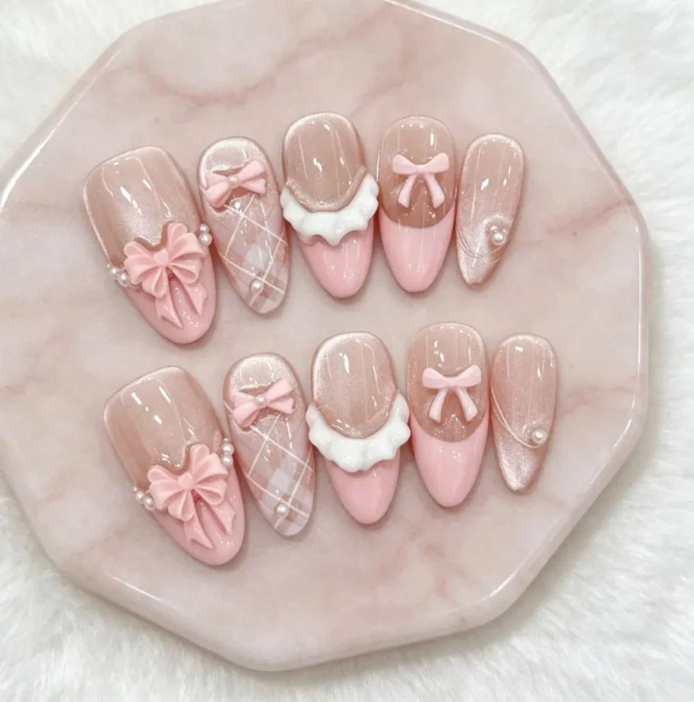 10pcs High Quality French Cat Eye Pink Bow Press on Nails