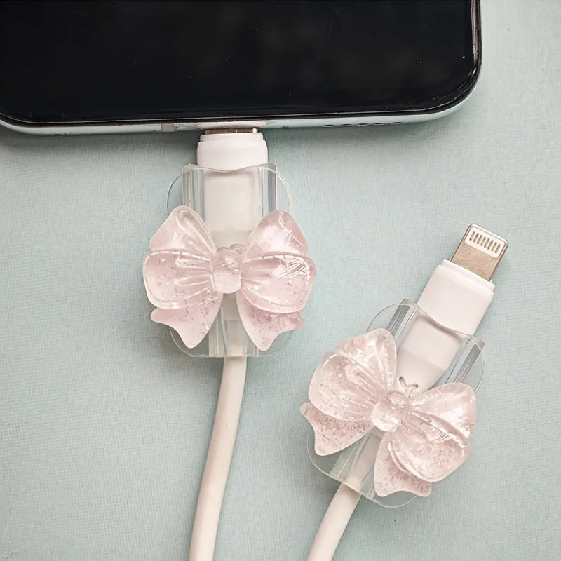 2Pcs Pink Bow Silicone Charger Cable Protector
