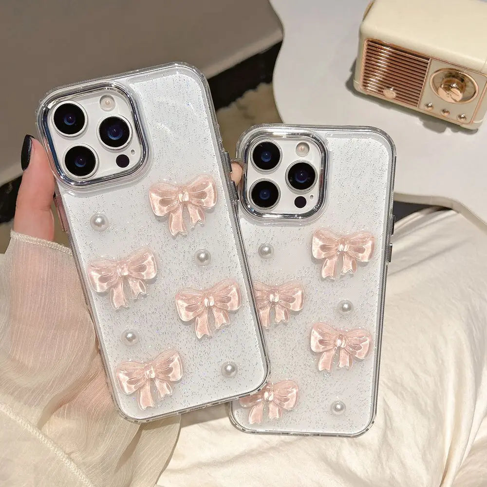 Cute Korean 3D Pink Bow & Pearl Clear Phone Case