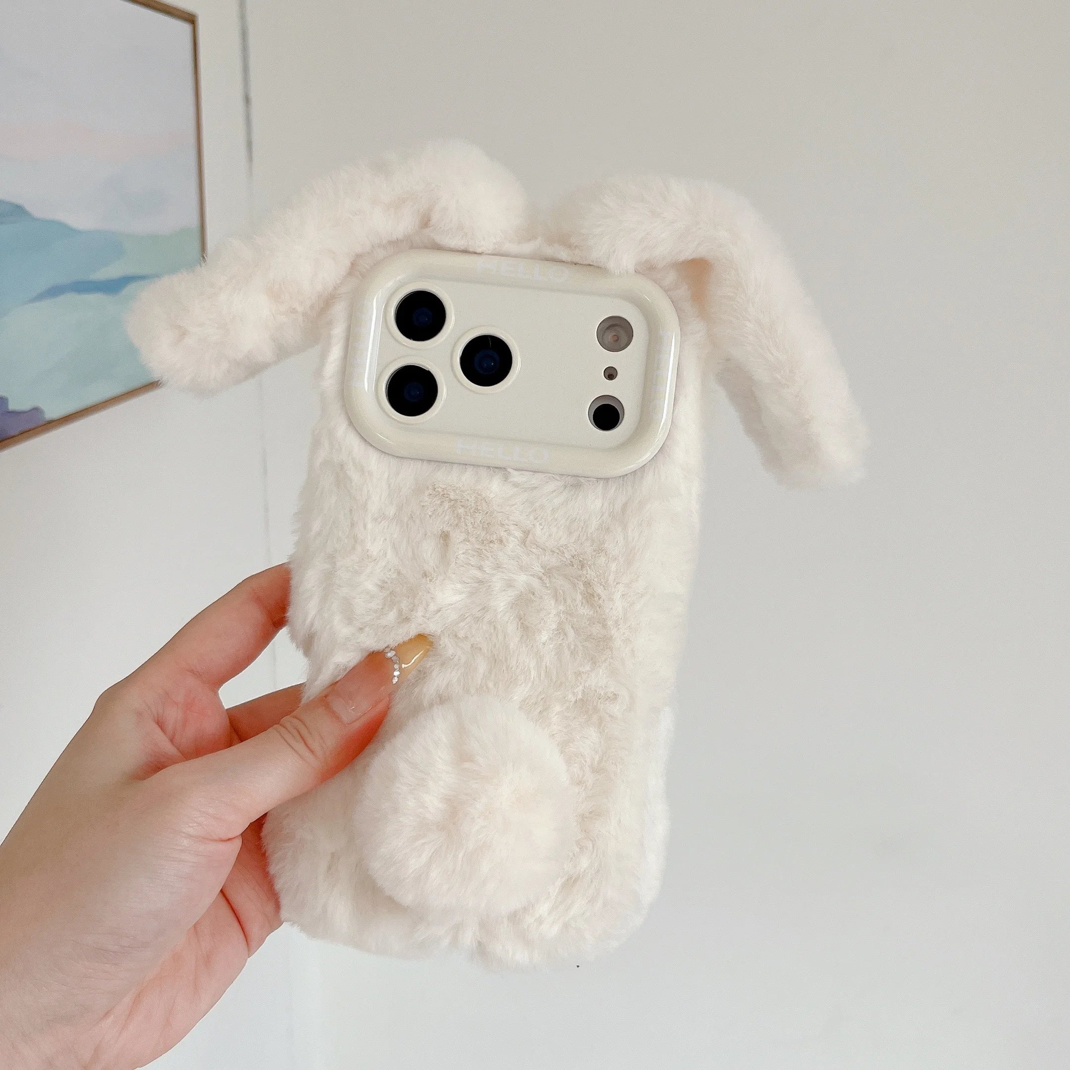 3D Fluffy Bunny Ears Phone Case With Lanyard