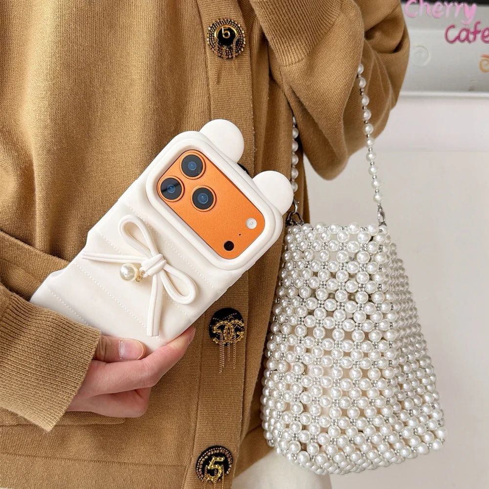 Cat Ear Down Jacket With Bowknot Pearl Pendant Phone Case