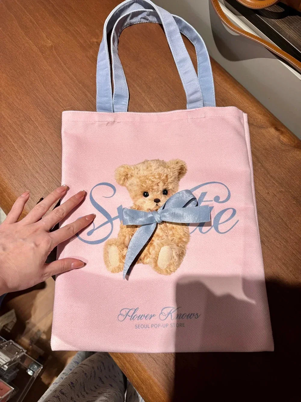 Pastel Pink & Blue Aesthetic Hand Mirror with Powder Puff And Canvas Tote Bag