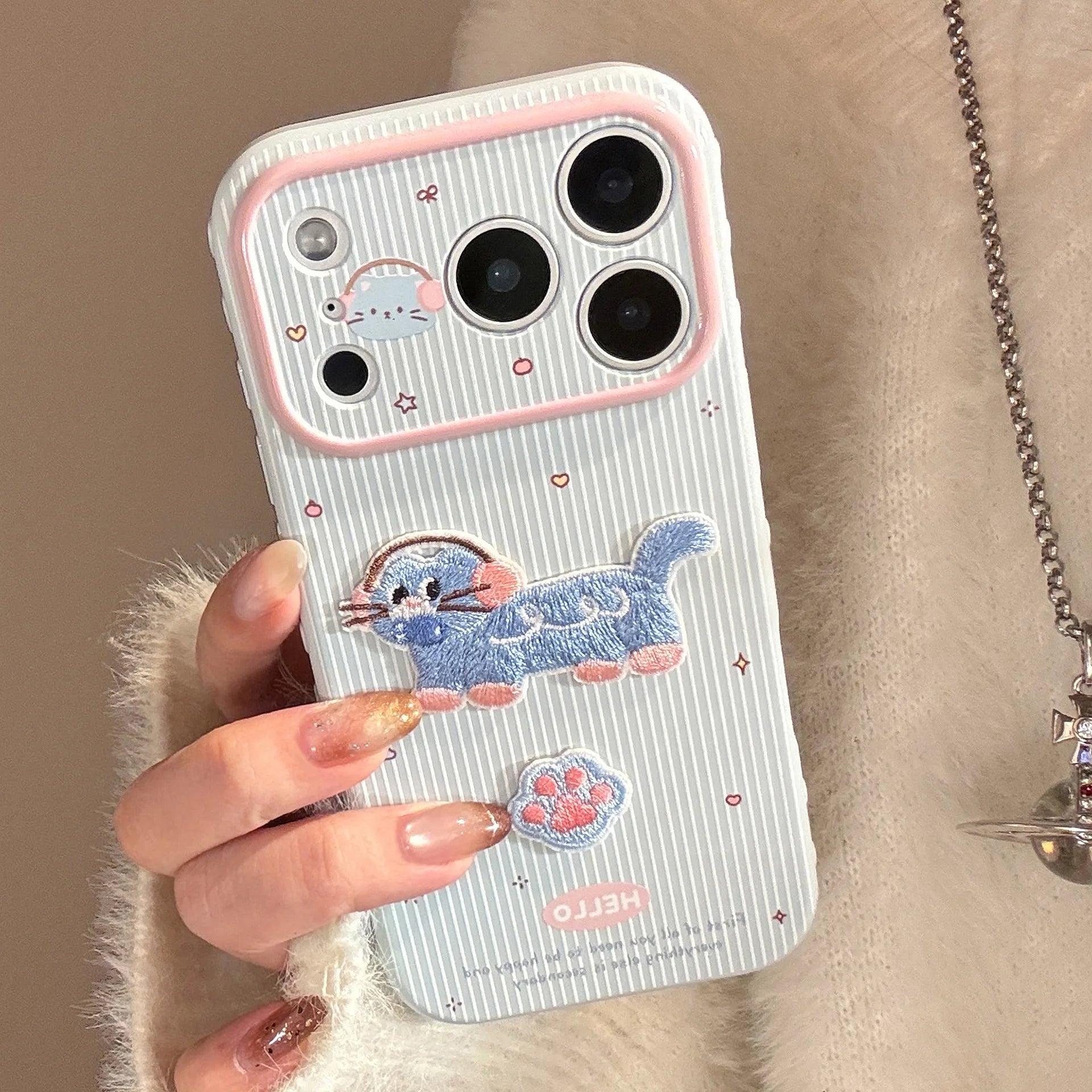 Cute Korean Cartoon Embroidery Kittens Striped Phone Case