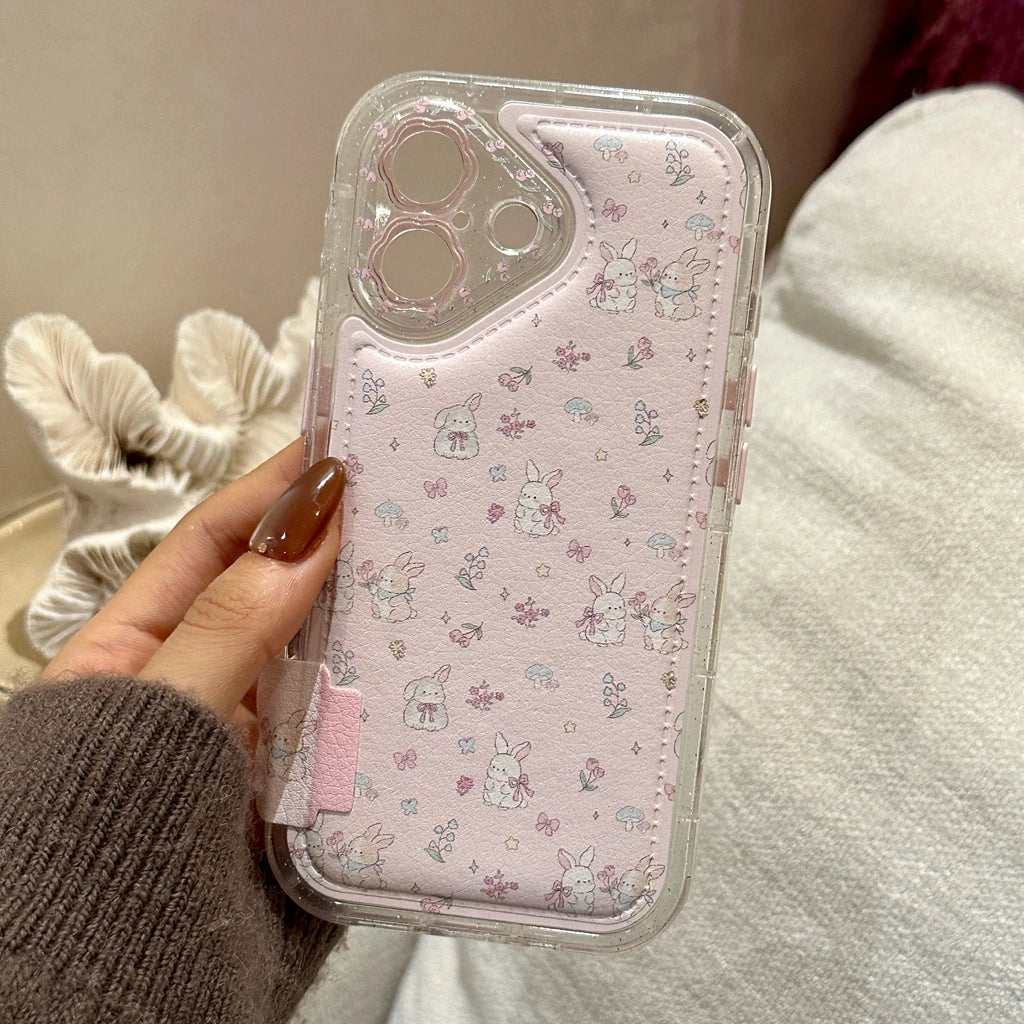 Plush Rabbit & Flower Leather Phone Case