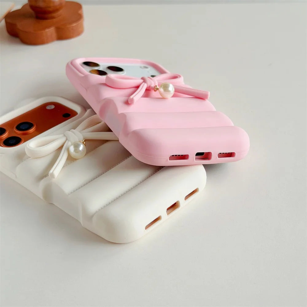 Cat Ear Down Jacket With Bowknot Pearl Pendant Phone Case