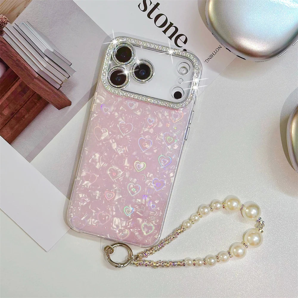 Rhinestone Butterfly Phone Case with Pearl Wrist Strap