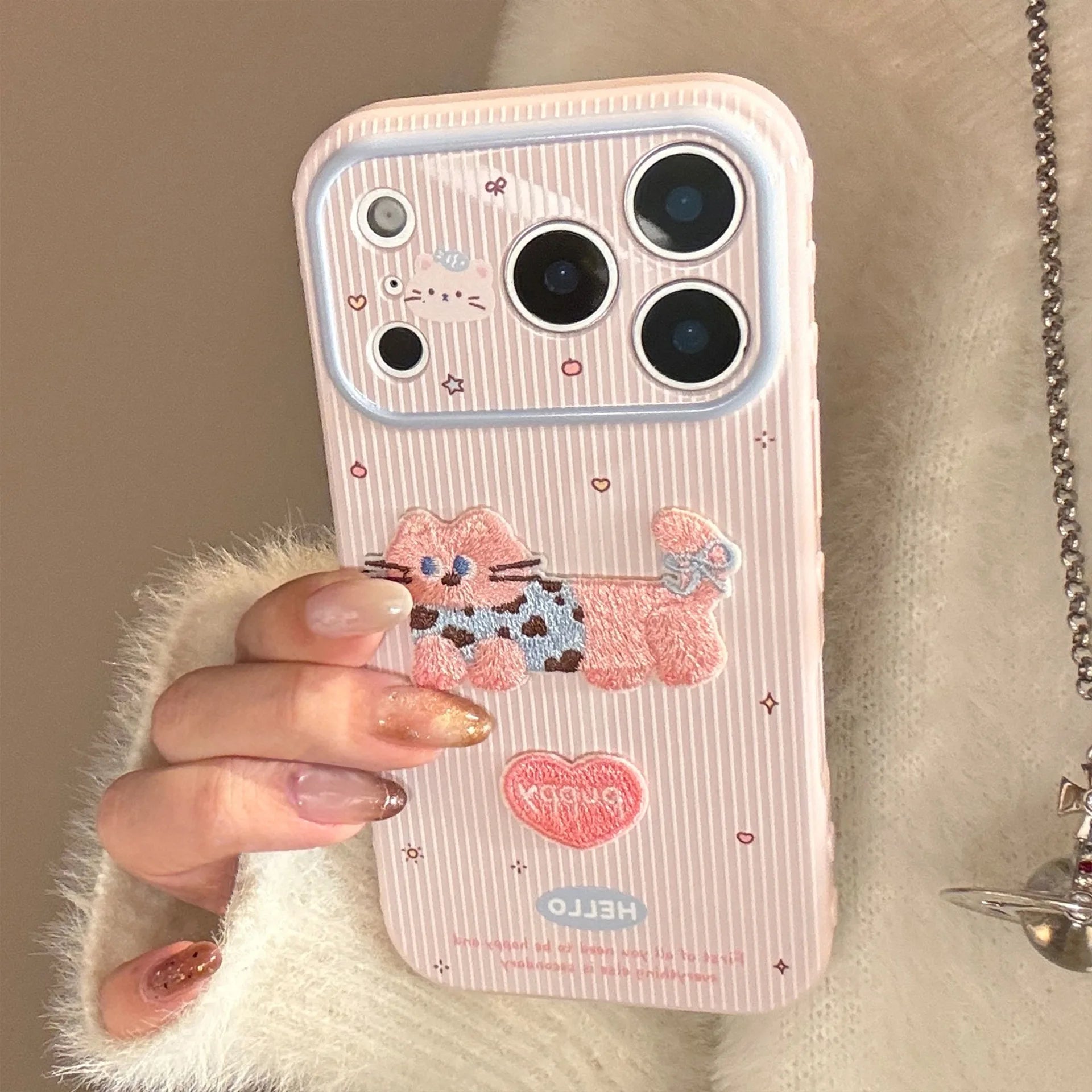 Cute Korean Cartoon Embroidery Kittens Striped Phone Case