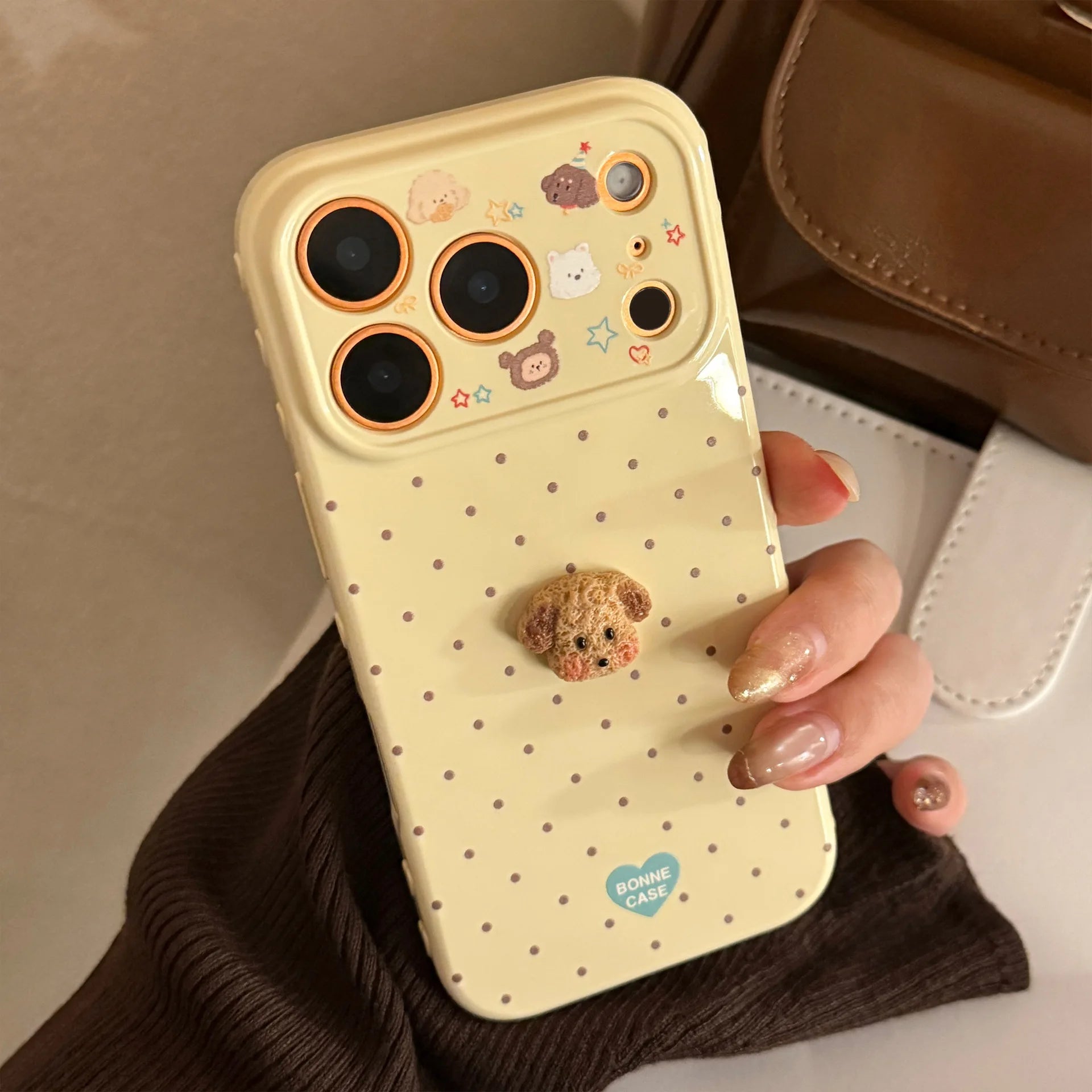 Korean Polka Dots with 3D Cartoon Puppy Phone Case