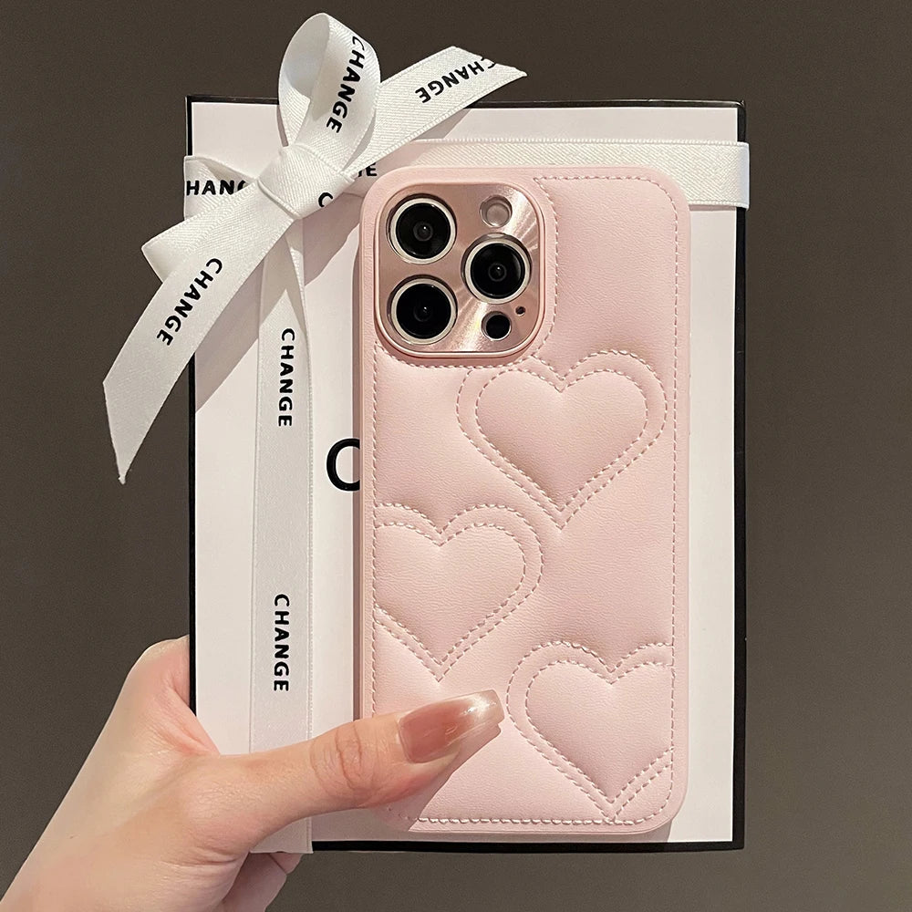 Luxury Heart Embroidered Leather Phone Case