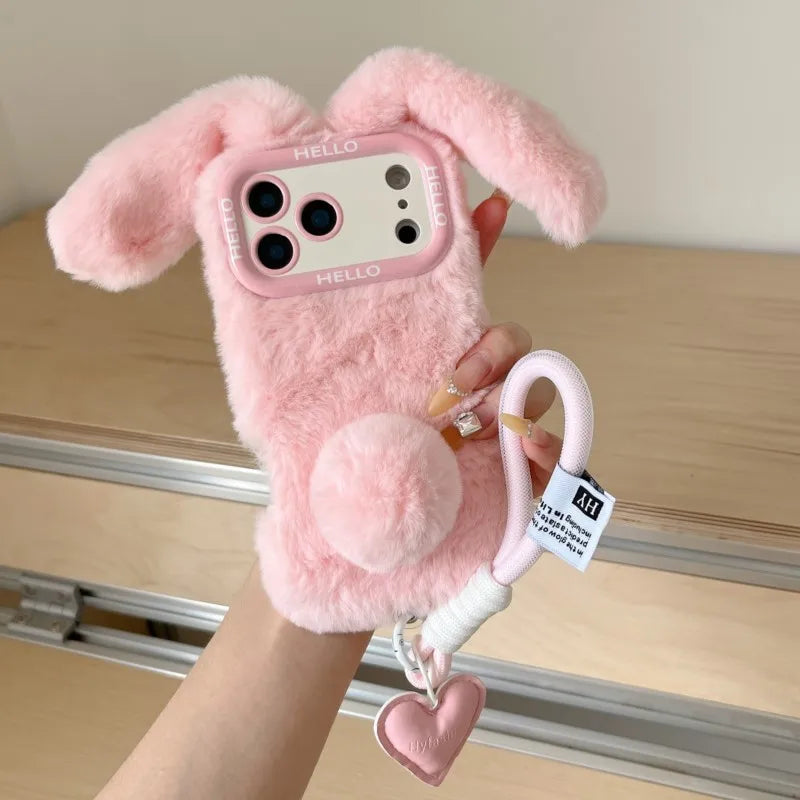 3D Fluffy Bunny Ears Phone Case With Lanyard