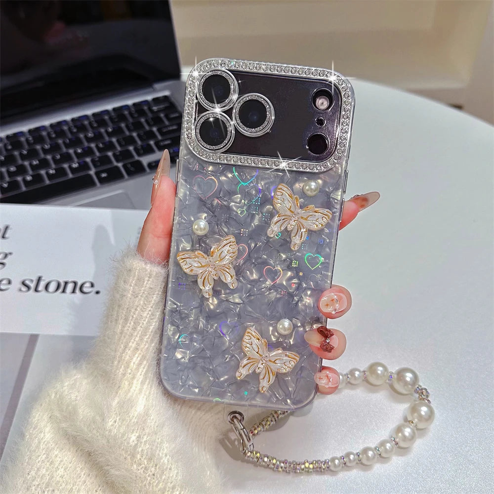Rhinestone Butterfly Phone Case with Pearl Wrist Strap