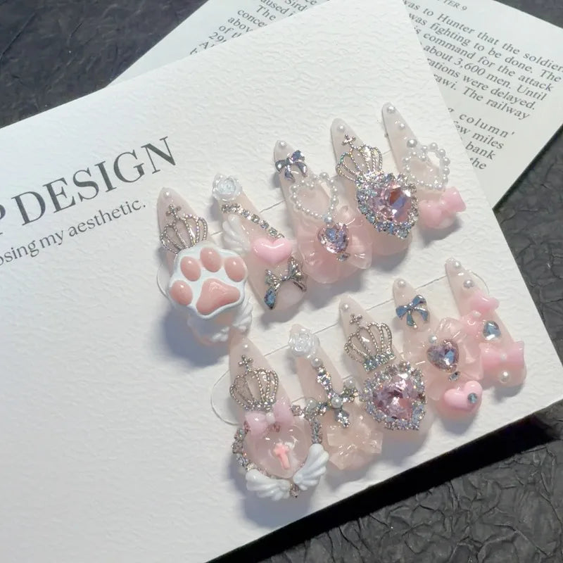 Jirai Kei 3D Bow Cat Claw Short Almond Handmade Press on Nails