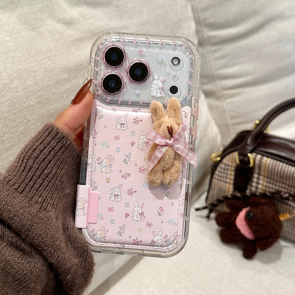 Plush Rabbit & Flower Leather Phone Case