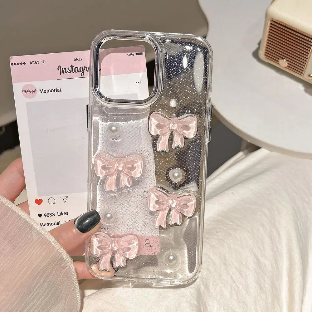 Cute Korean 3D Pink Bow & Pearl Clear Phone Case