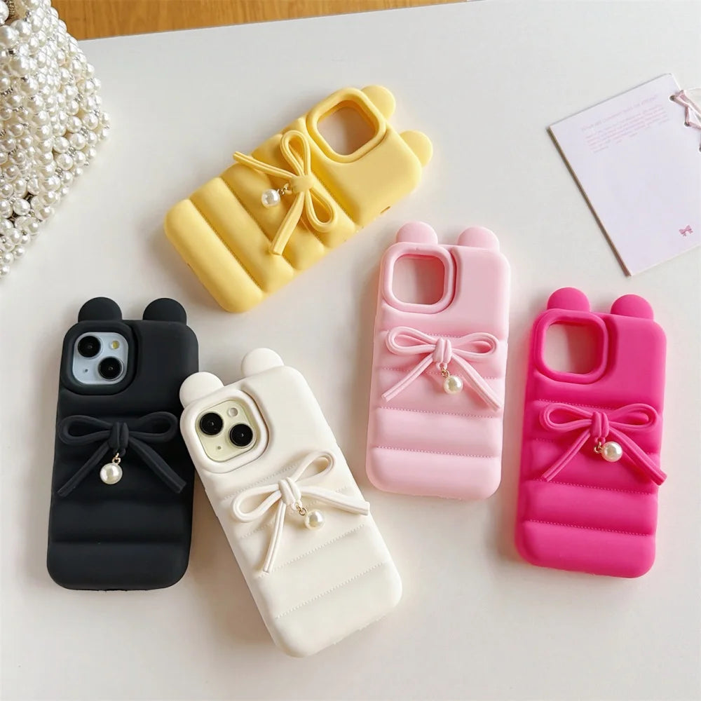 Cat Ear Down Jacket With Bowknot Pearl Pendant Phone Case