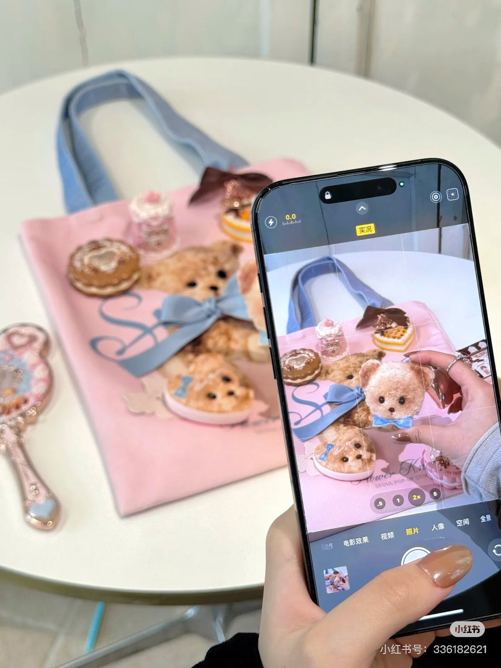 Pastel Pink & Blue Aesthetic Hand Mirror with Powder Puff And Canvas Tote Bag