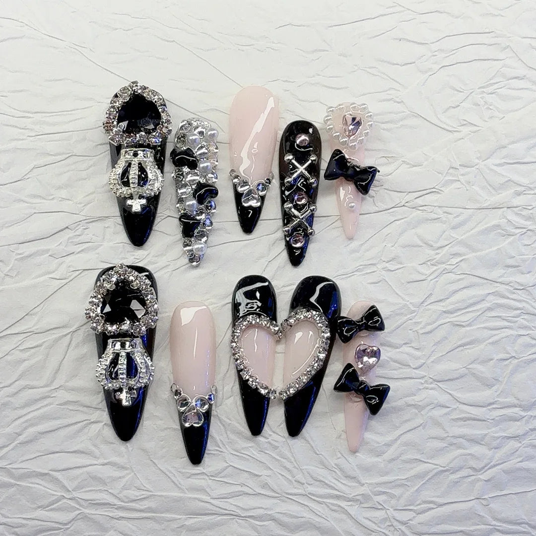 Heavy Metal Black Pink Long Almond Press on Nails