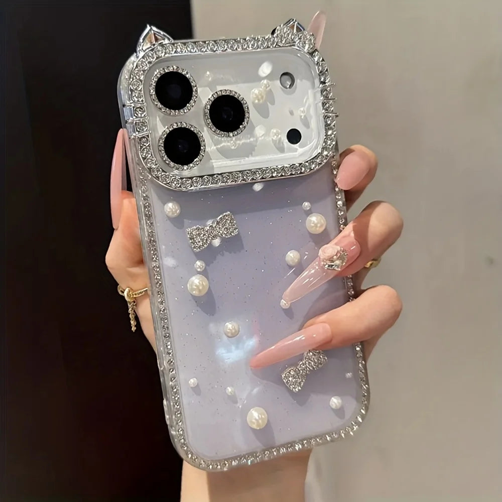 Luxury Rhinestone Cat Ears & 3D Bow Pearl Phone Case