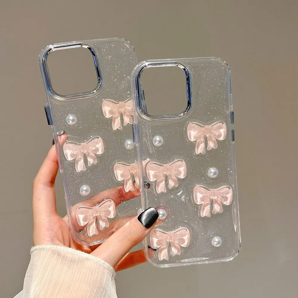 Cute Korean 3D Pink Bow & Pearl Clear Phone Case
