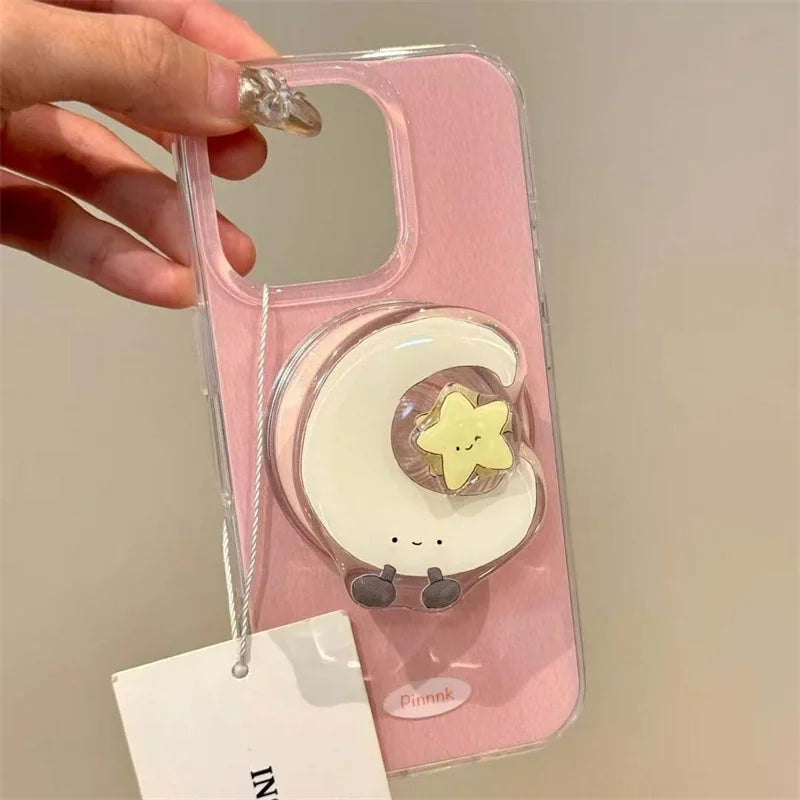 Pleated Pink Rotating Star & Moon Magnetic Bracket Phone Case
