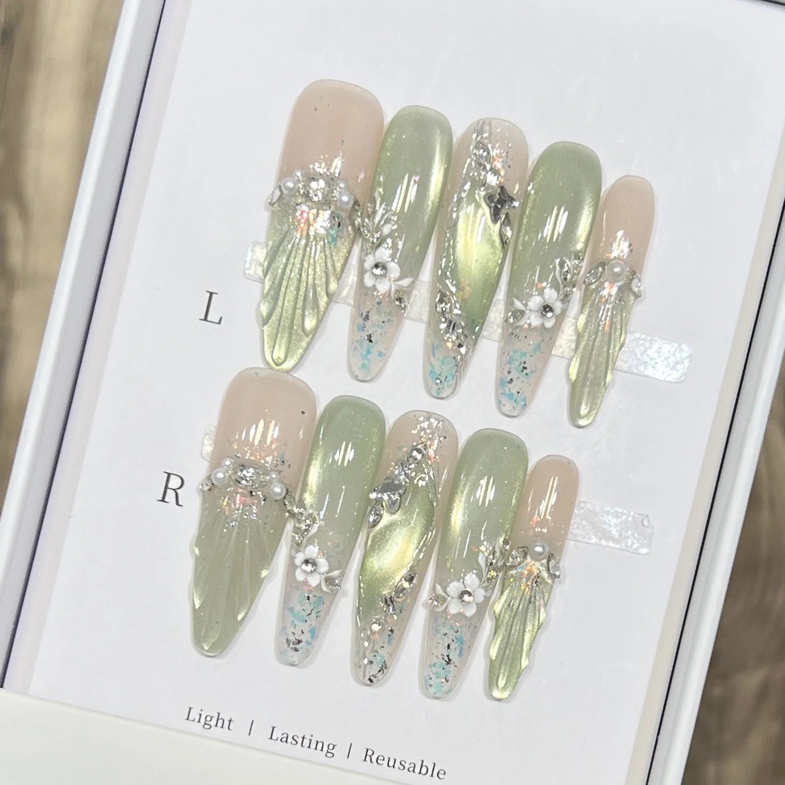 10pcs Green Flower Shimmer Press On Nails