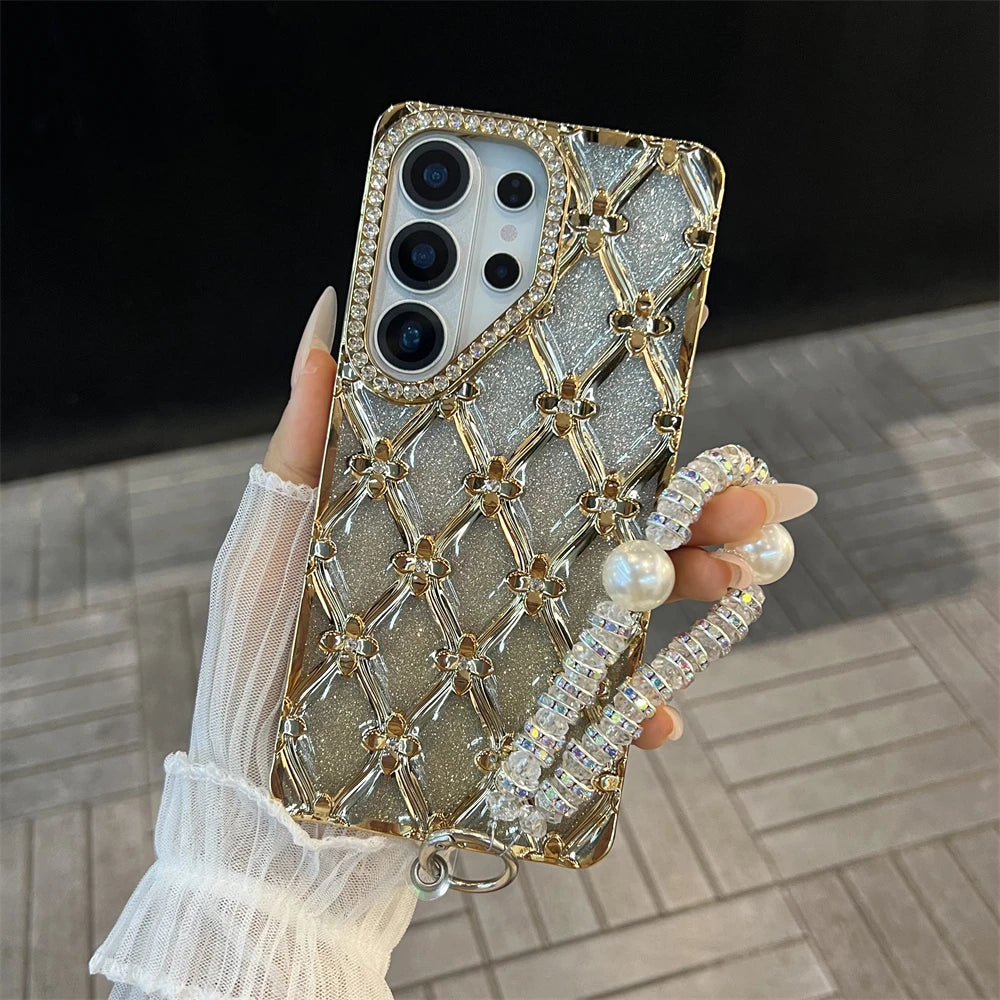 Samsung | Rhinestone Pattern Clear Case With Wrist Pearl Strap Bracelet