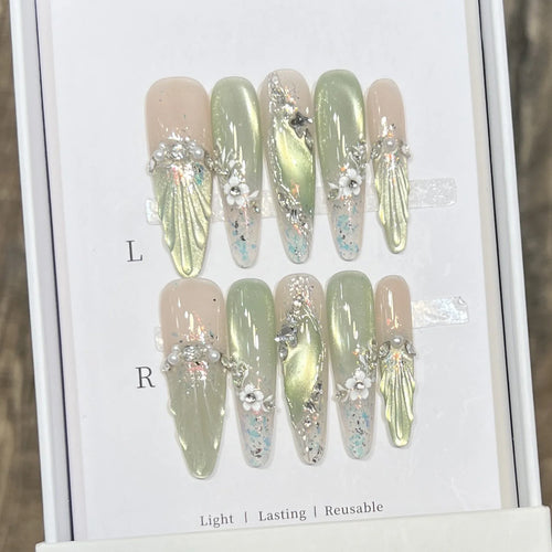 10pcs Green Flower Shimmer Press On Nails